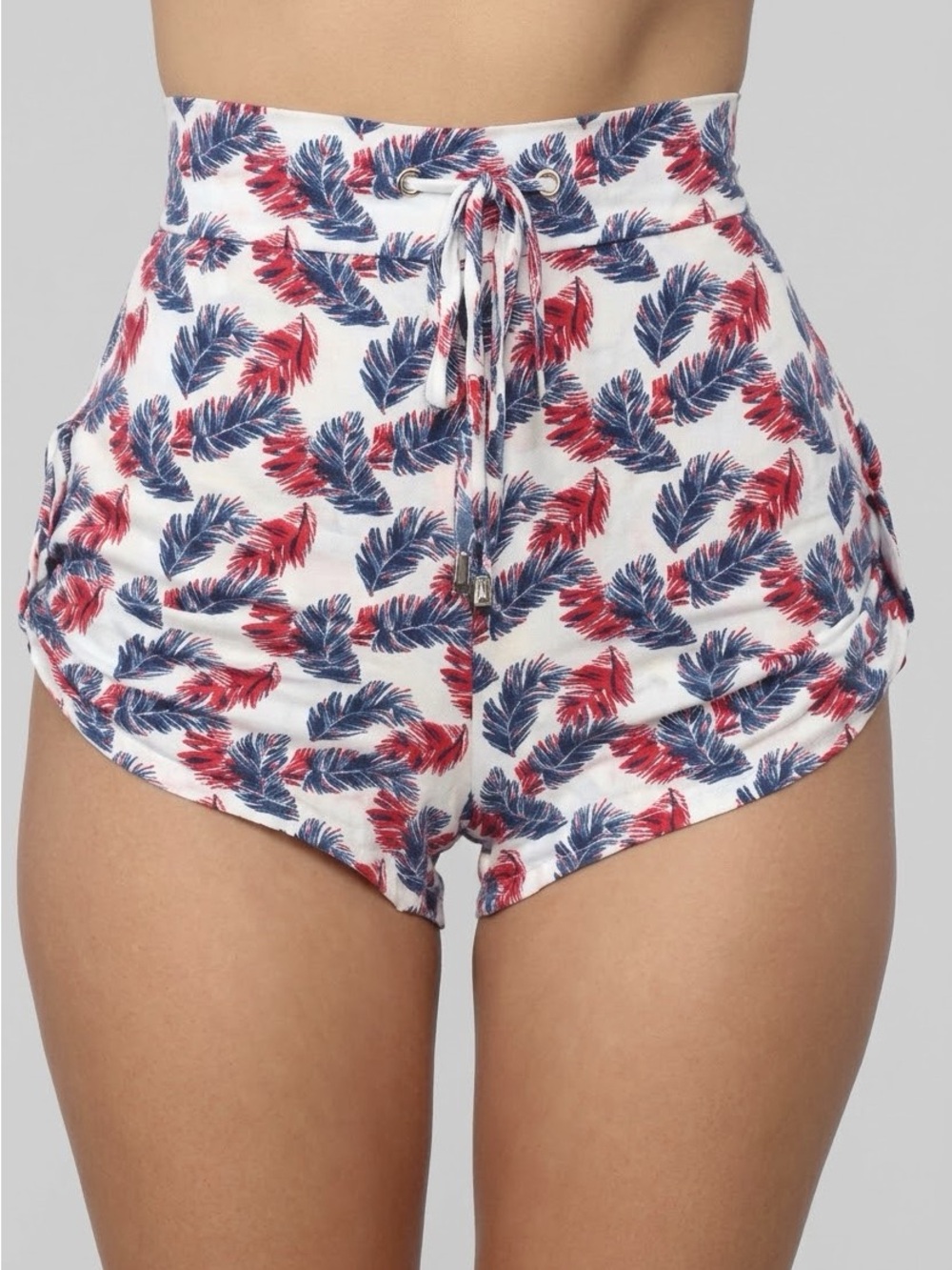 High-Waist Red & Blue Feather Print Women's Shorts